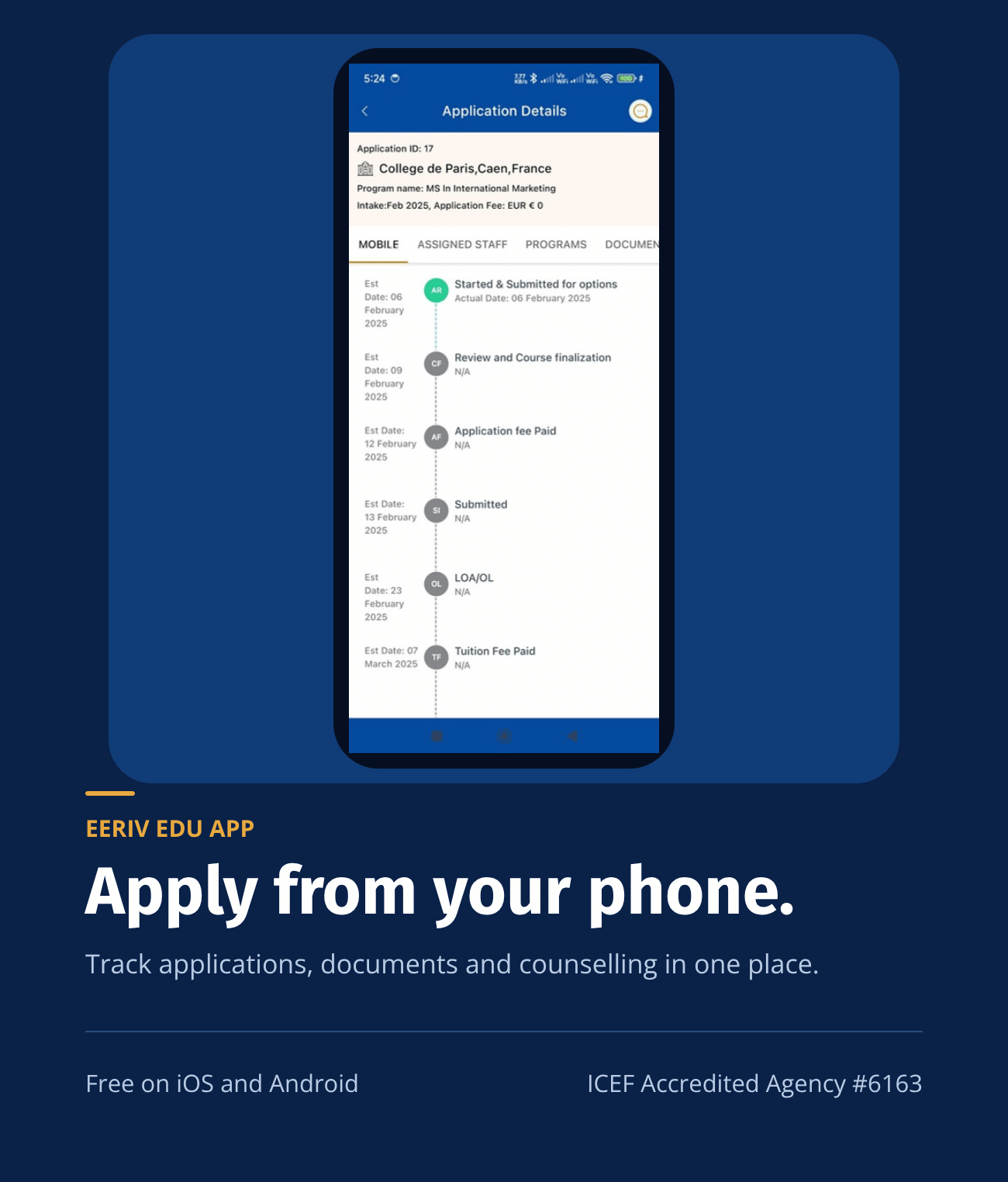 The EERIV Edu app showing a live university application timeline
